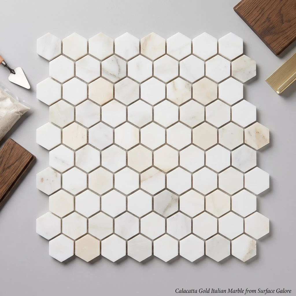 Calacatta gold 1 inch hexagon mosaic marble tile with creamy white base and subtle golden veining polished or honed