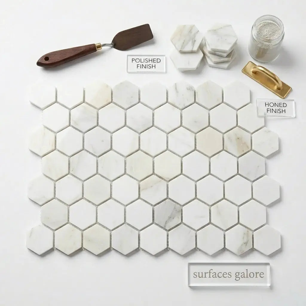 Calacatta gold 1 inch hexagon mosaic marble tile polished white with subtle veining and a sleek finish