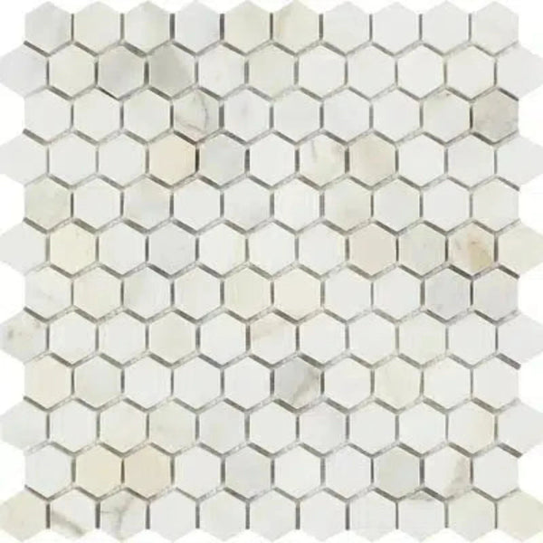 Calacatta Gold 1 inch Hexagon Mosaic Marble Tile in polished or honed white marble