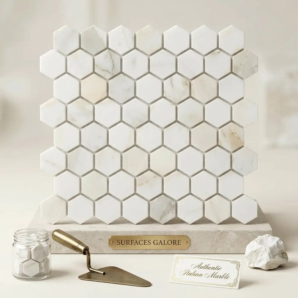 White hexagonal calacatta gold marble mosaic tile panel with subtle veining and polished modern design