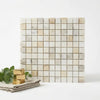 Calacatta gold 1x1 mosaic marble tile panel in beige and white with subtle veining polished or honed finish