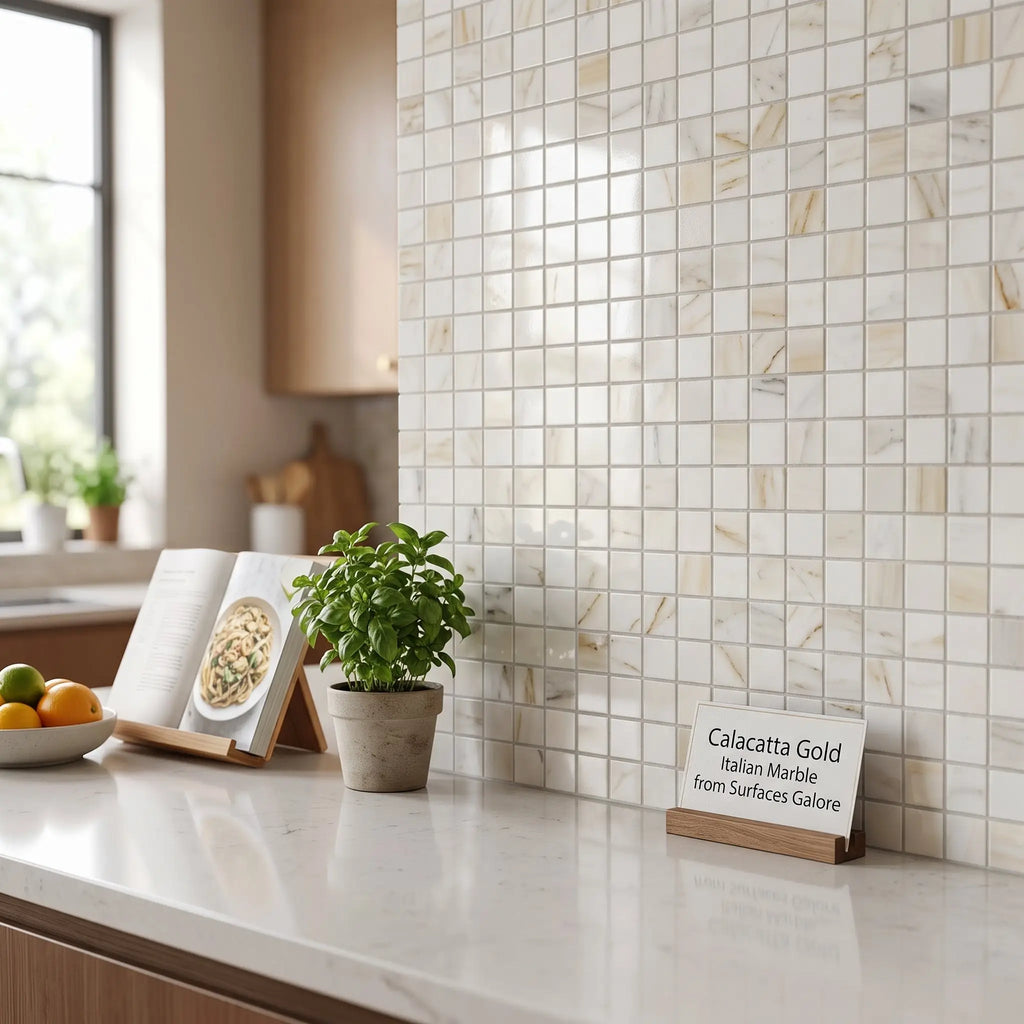 Calacatta gold 1x1 mosaic marble tile with creamy white base and golden veining polished or honed finish