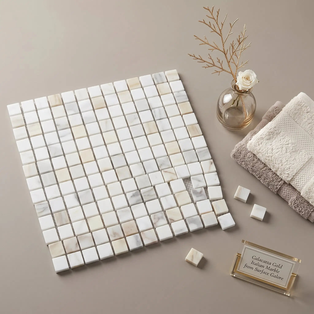 Square mosaic tile panel of calacatta gold italian marble with subtle white beige and gray veining polished or honed