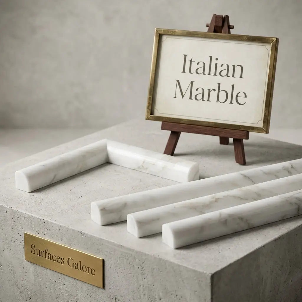 Calacatta Gold 1x12 quarter-round trim molding in polished white Italian marble with subtle gray veining on concrete pedestal