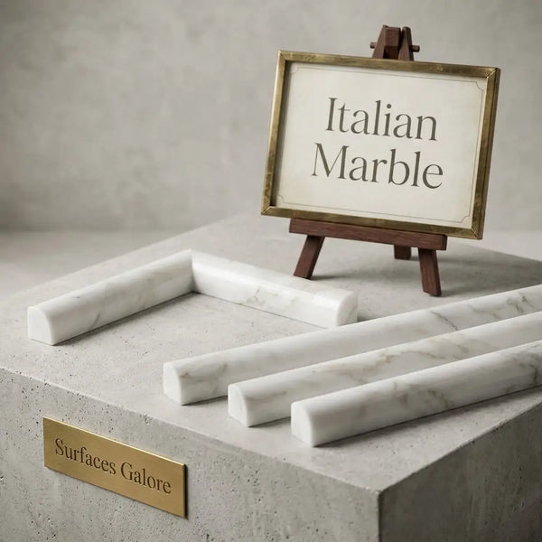 Calacatta Gold 1x12 quarter-round trim molding in polished white Italian marble with subtle gray veining on concrete pedestal