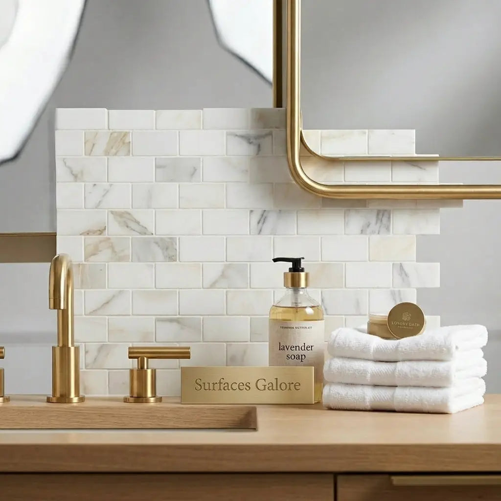 Gold-finished faucet with polished metallic surface and sleek modern design paired with calacatta gold 1x2 brick mosaic marble tile