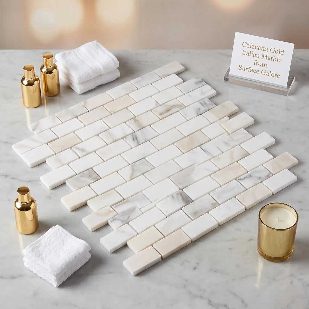 Calacatta gold 1x2 brick mosaic marble tile polished with subtle veining and sleek modern arrangement