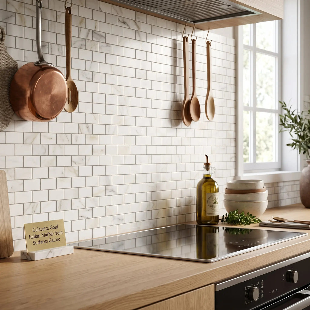 Calacatta gold 1x2 brick mosaic marble tile polished or honed with white subway tile backsplash and subtle gray veining