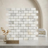 Calacatta Gold 1x2 brick mosaic marble tile polished or honed with white Italian marble and subtle gray veining in brick pattern