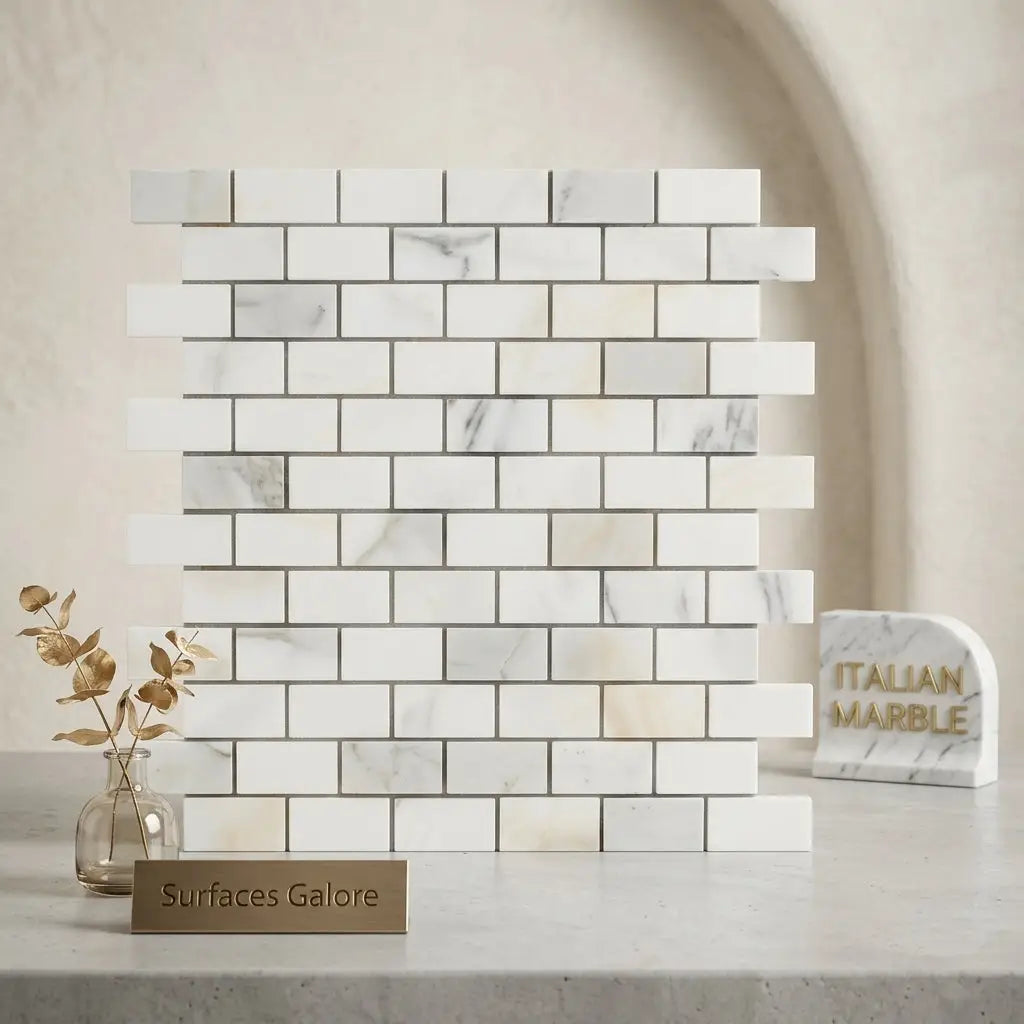 Calacatta Gold 1x2 brick mosaic marble tile polished or honed with white Italian marble and subtle gray veining in brick pattern