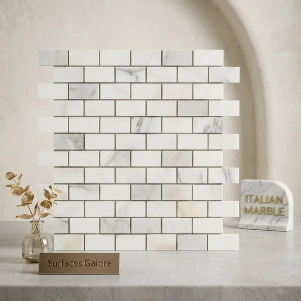 Calacatta Gold 1x2 brick mosaic marble tile polished or honed with white Italian marble and subtle gray veining in brick pattern