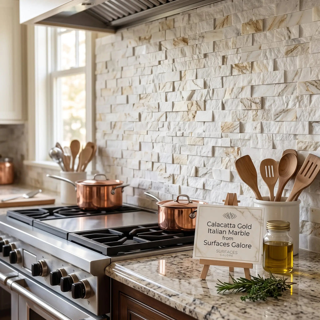 Calacatta gold 1x2 brick split-faced mosaic marble tile with white base and golden veining backsplash design