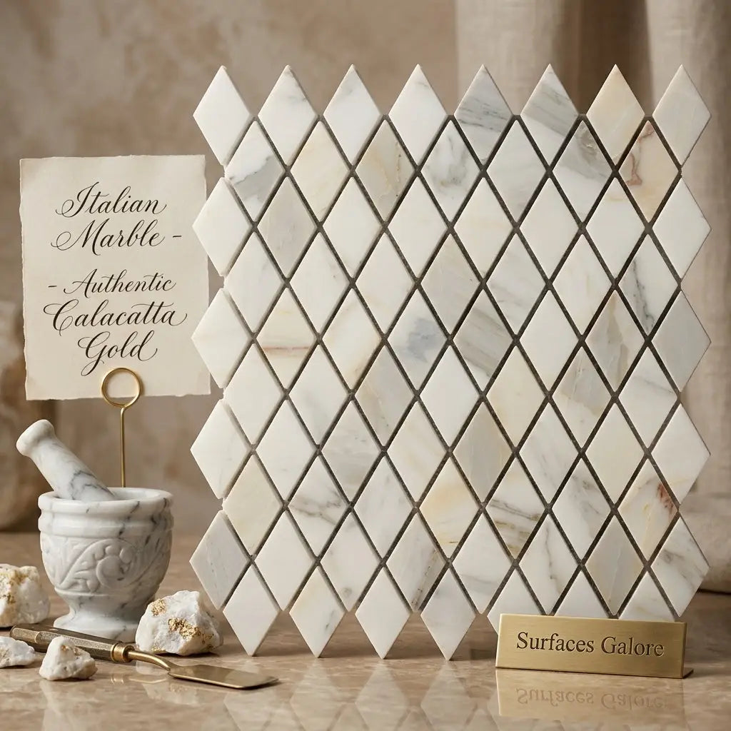 Calacatta gold 1x2 diamond rhomboid mosaic marble tile in polished or honed finish with white base and gold veining