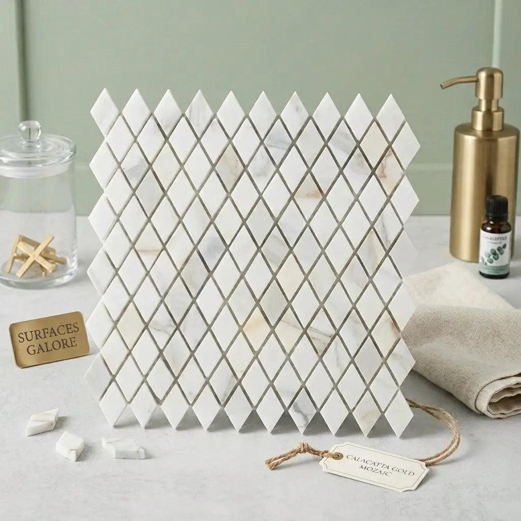 White calacatta gold marble mosaic tile with diamond pattern and subtle veining polished or honed finish