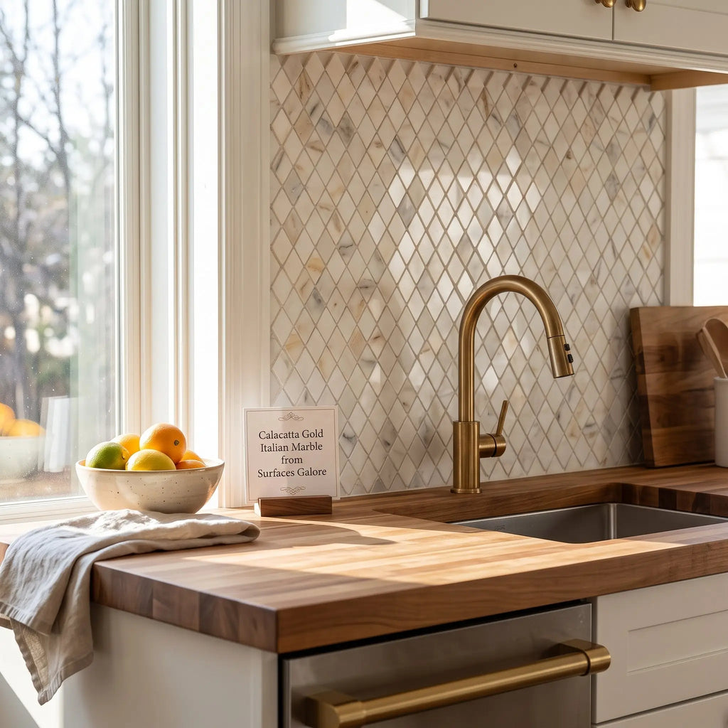 Gold-toned kitchen faucet with sleek curved spout and pull-down spray head paired with calacatta gold diamond marble tile