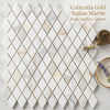 Calacatta gold 1x2 diamond mosaic marble tile in polished finish featuring subtle veining and italian marble material