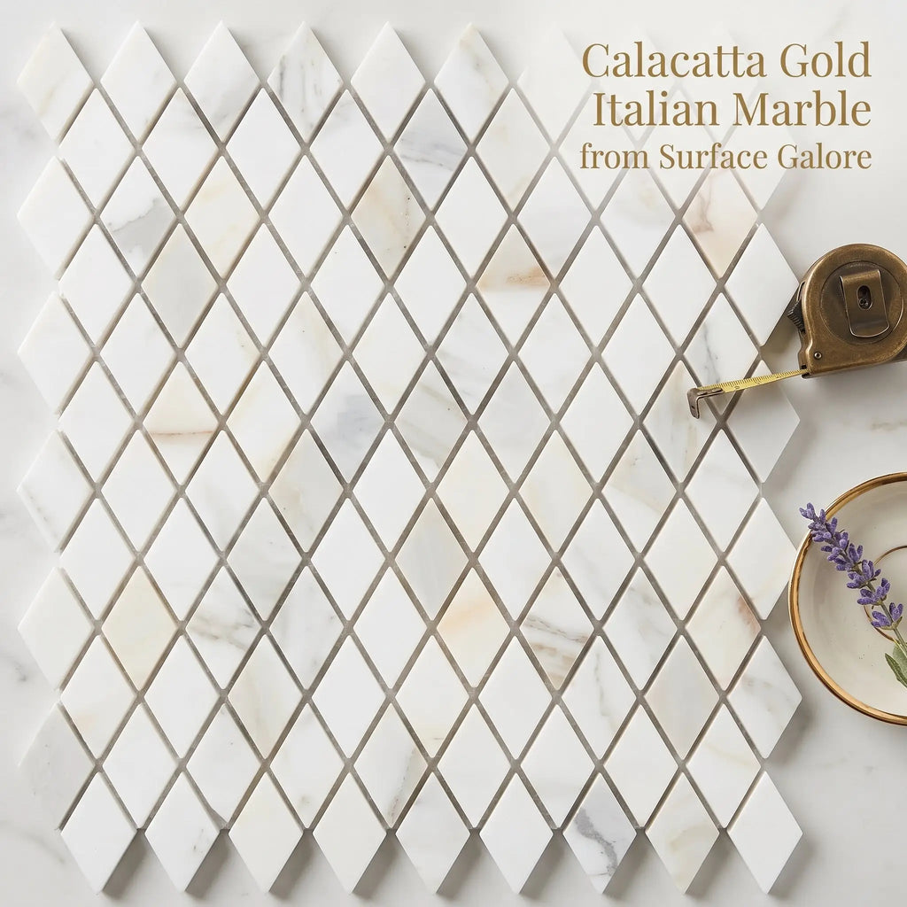 Calacatta gold 1x2 diamond mosaic marble tile in polished finish featuring subtle veining and italian marble material