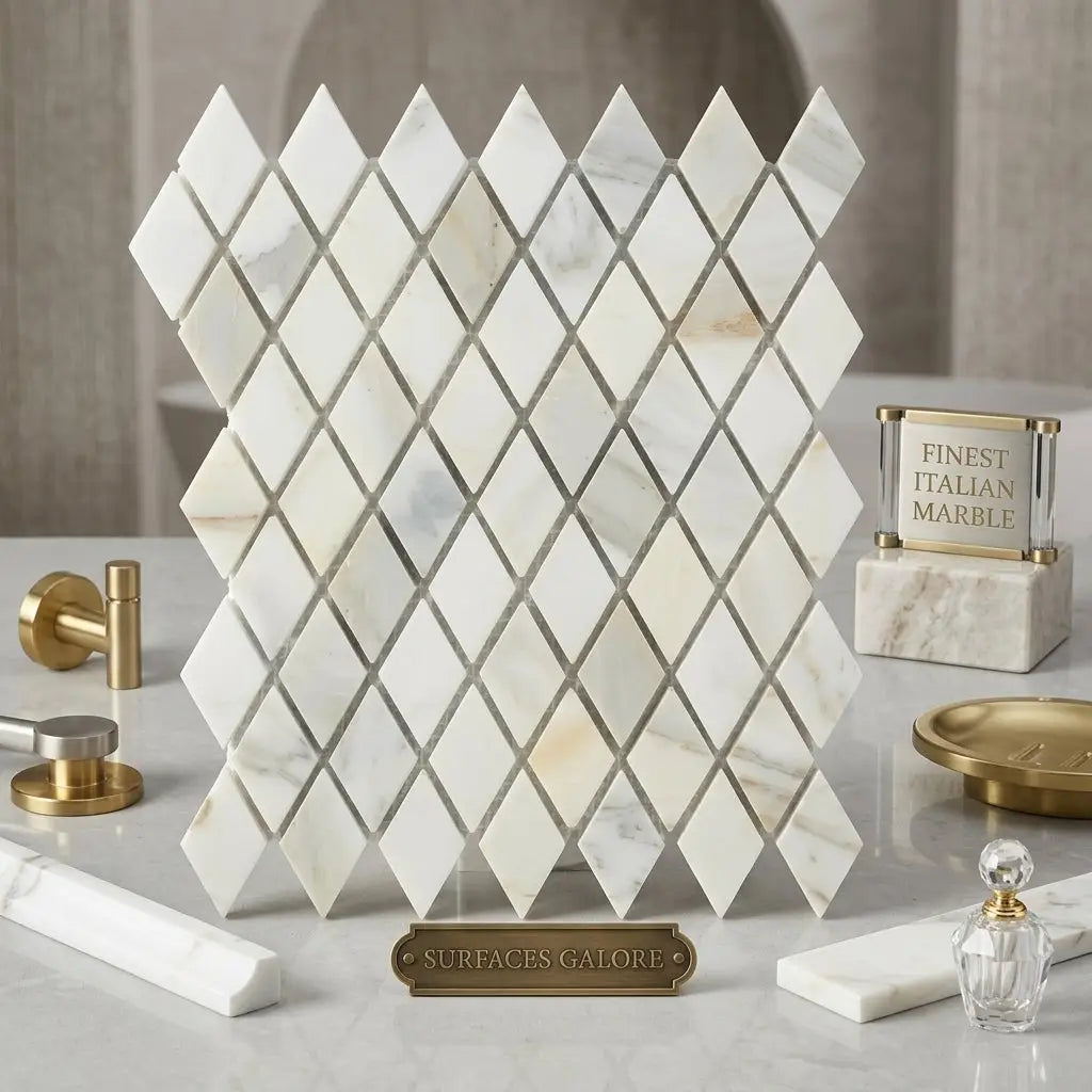 White diamond-shaped mosaic tile with subtle gray veining crafted from italian calacatta gold marble polished or honed