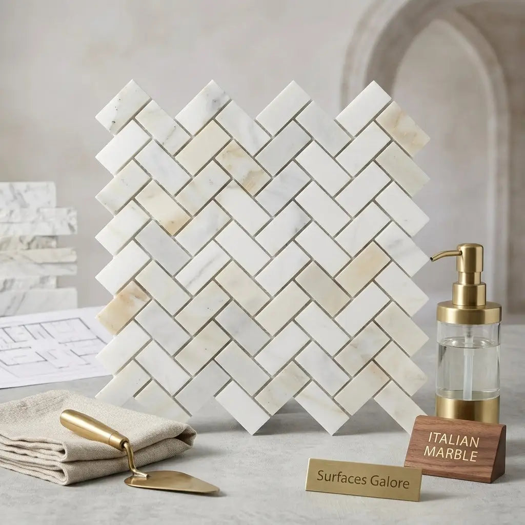 White italian calacatta gold 1x2 polished or honed marble mosaic tile with subtle veining in herringbone pattern