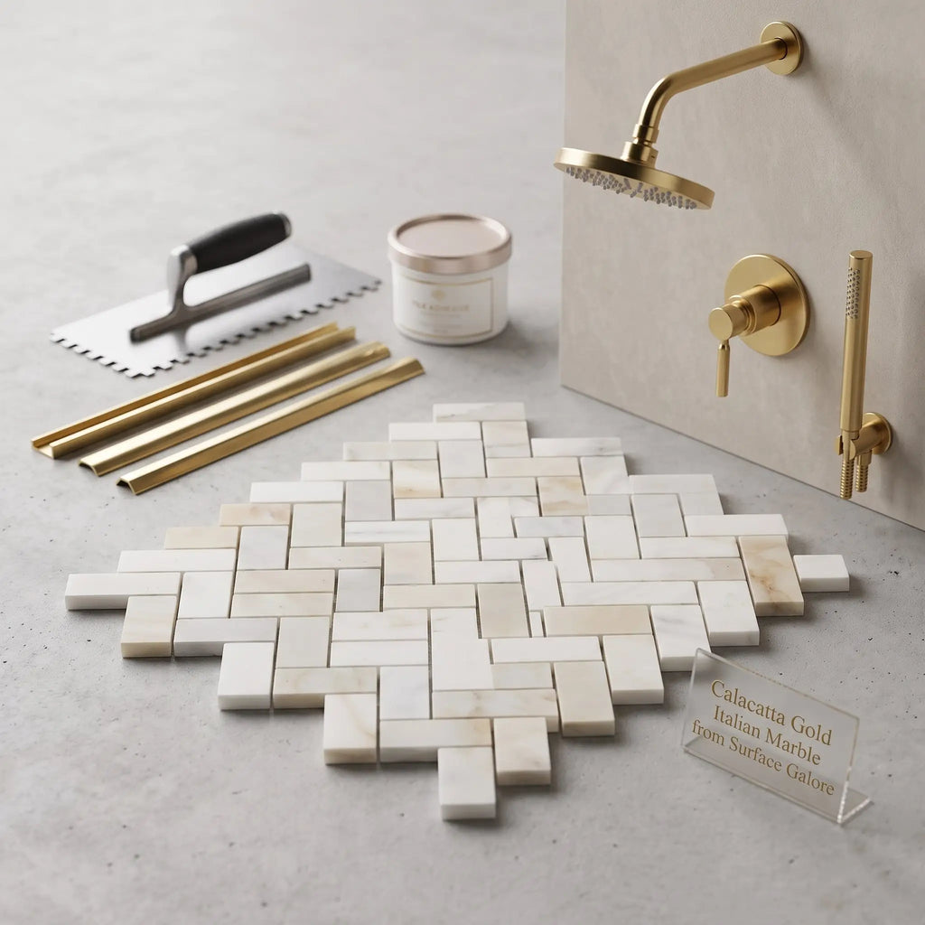 Calacatta gold italian marble tiles in 1x2 herringbone mosaic pattern polished or honed for elegant flooring designs