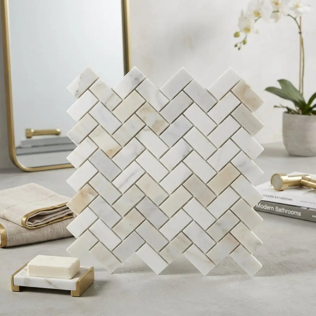 White marble calacatta gold 1x2 herringbone mosaic tile with polished or honed finish for elegant surfaces