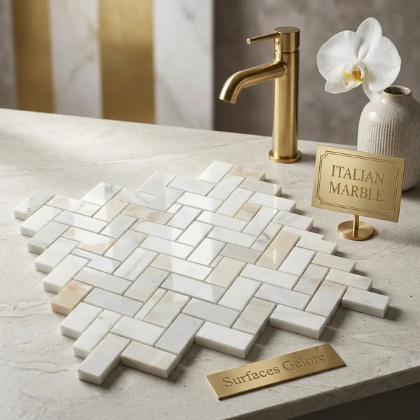 Calacatta gold 1x2 herringbone mosaic marble tile polished or honed with white Italian marble in a herringbone pattern