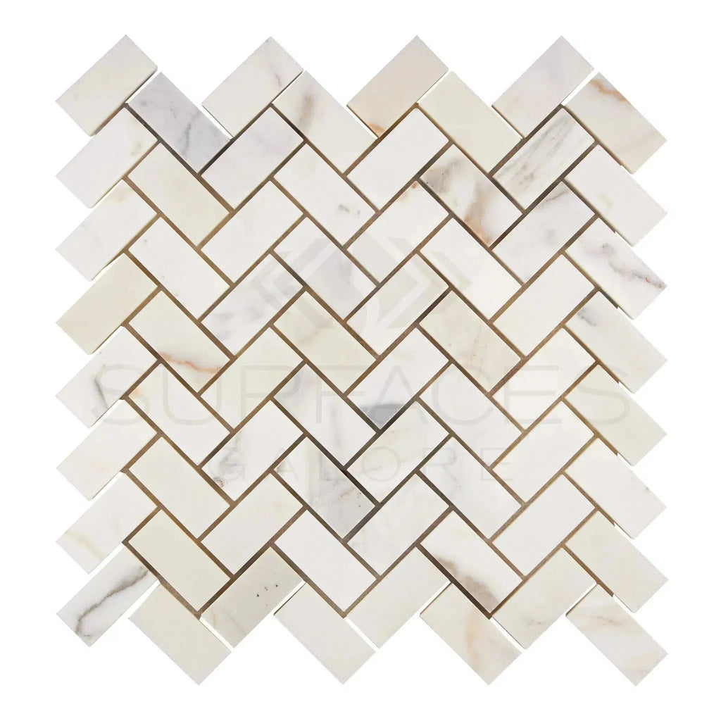 Calacatta Gold 1X2 Herringbone Mosaic Marble Tile showcasing elegant herringbone pattern