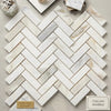 Calacatta Gold 1x3 herringbone mosaic marble tile polished white italian marble with subtle veining pattern