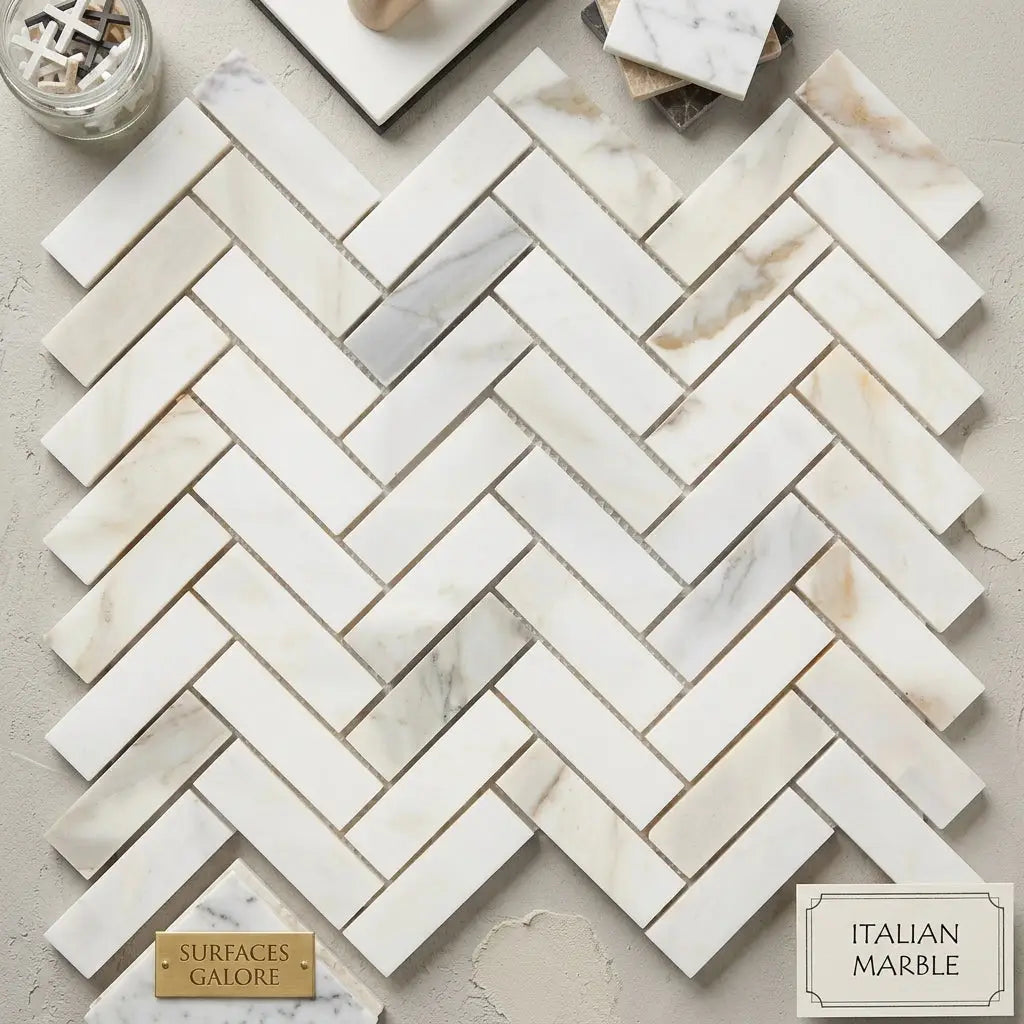 Calacatta Gold 1x3 herringbone mosaic marble tile polished white italian marble with subtle veining pattern