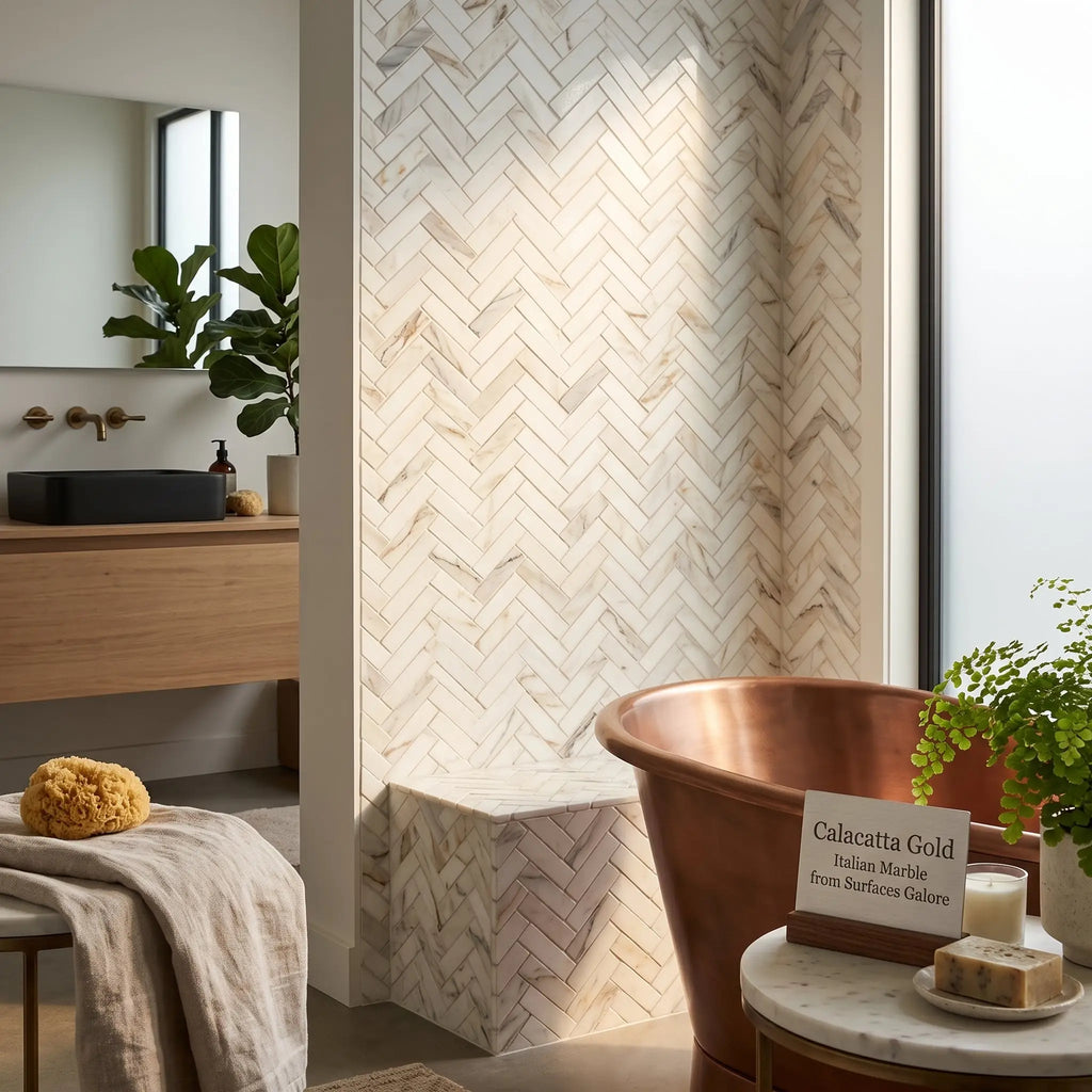 Calacatta gold 1x3 herringbone mosaic marble tile polished or honed in italian marble with gold veining pattern