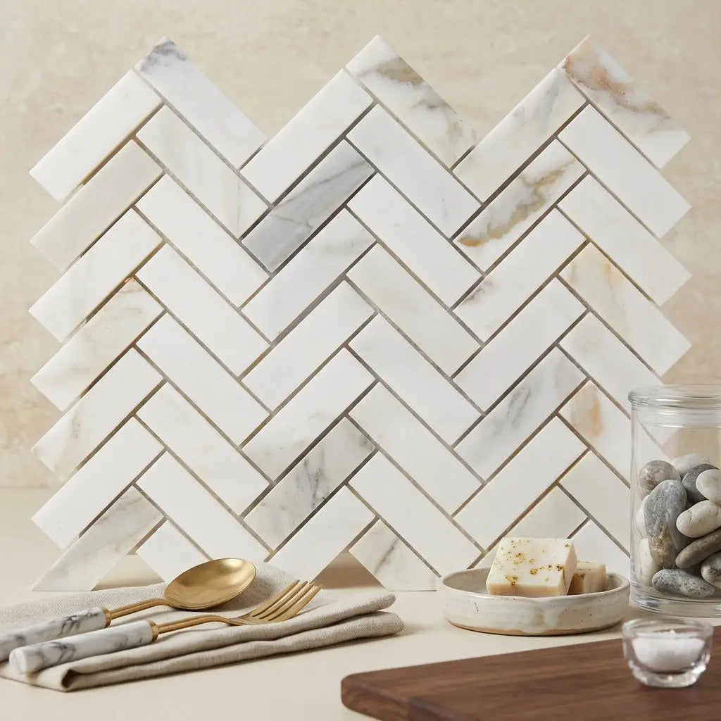 White marble calacatta gold 1x3 polished herringbone mosaic tile arranged in a classic herringbone pattern