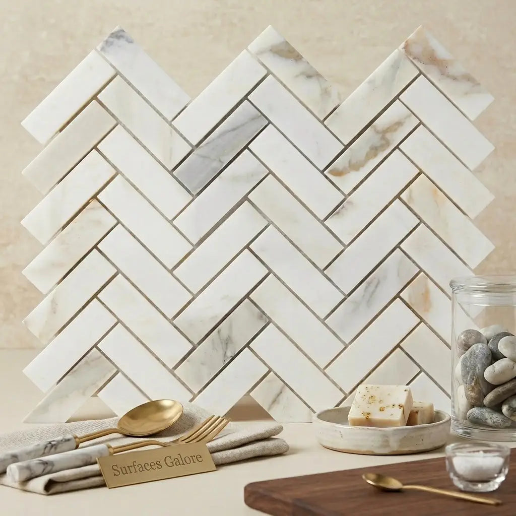 Calacatta gold 1x3 herringbone mosaic marble tile polished with white marble and subtle gray veining