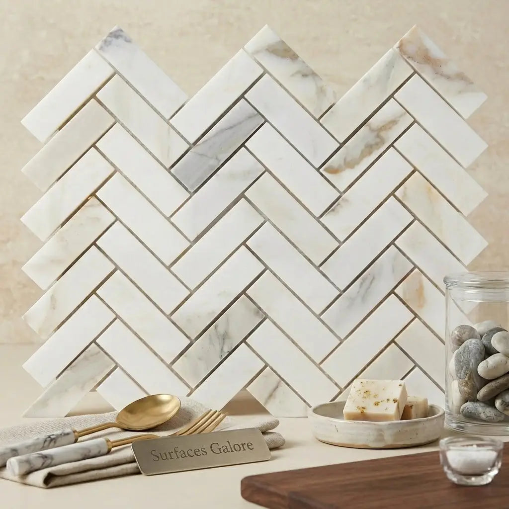 Calacatta gold 1x3 herringbone mosaic marble tile polished or honed with white marble and subtle gray beige veining