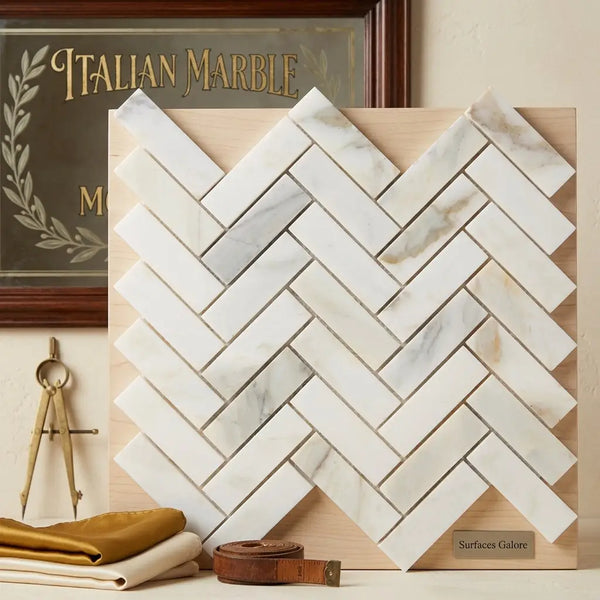 White italian calacatta gold marble tiles arranged in a polished herringbone mosaic pattern on a wooden display board