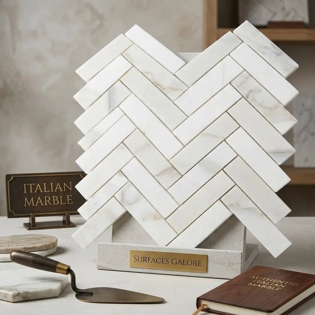 White italian calacatta gold marble tiles arranged in a polished or honed herringbone mosaic pattern on display stand