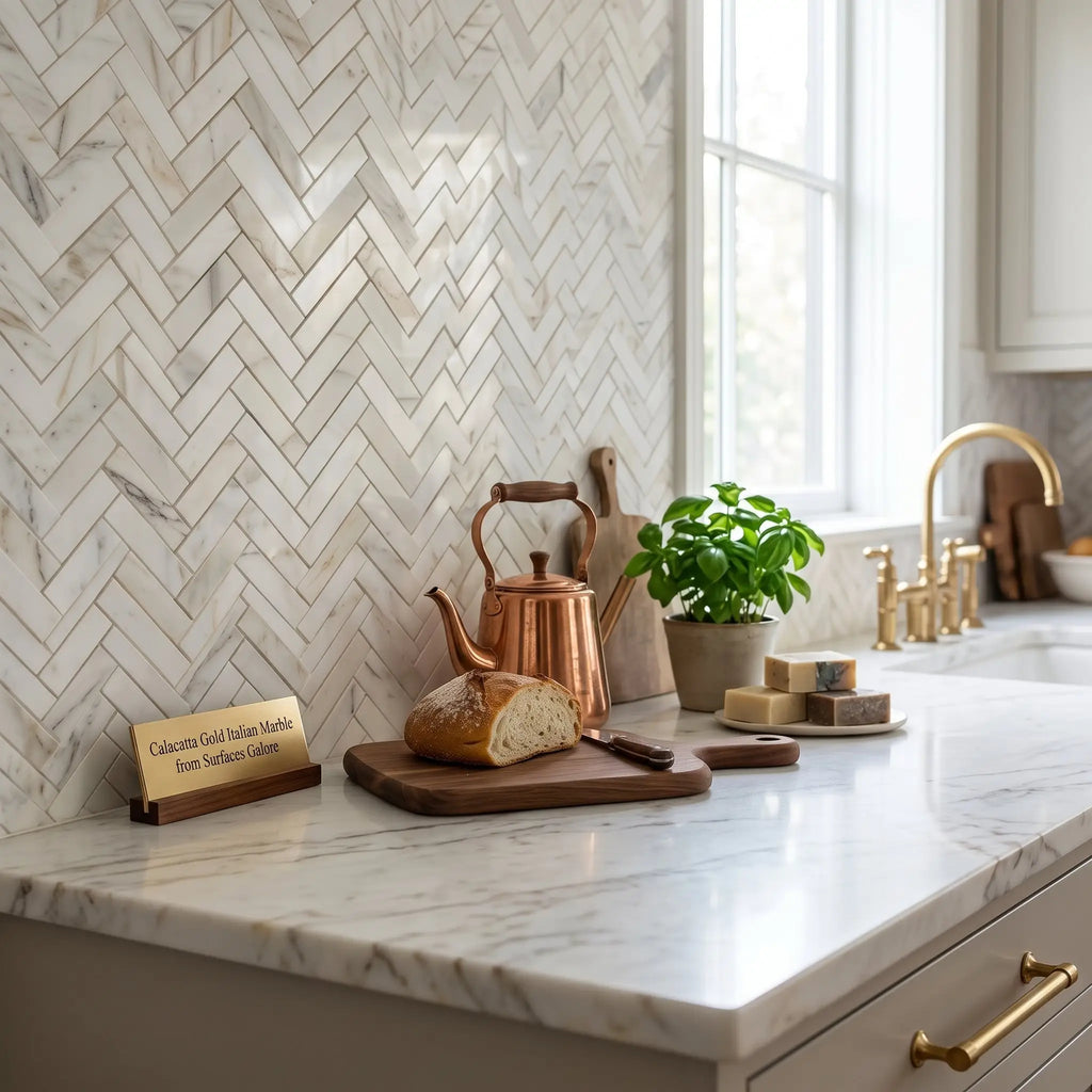 A polished copper teapot with wooden handle on calacatta gold 1x4 herringbone mosaic marble tile countertop