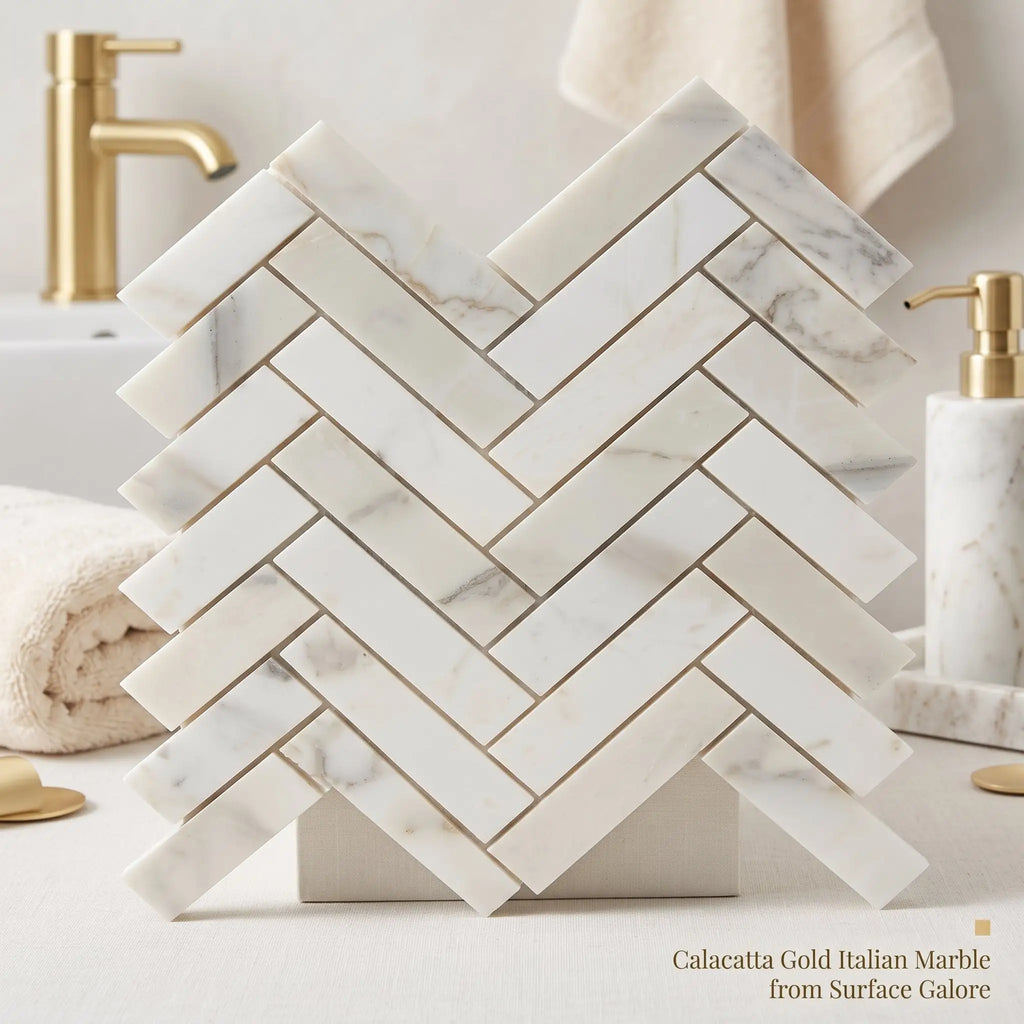 White calacatta gold 1x4 herringbone mosaic marble tile polished with gold-toned grout in italian marble