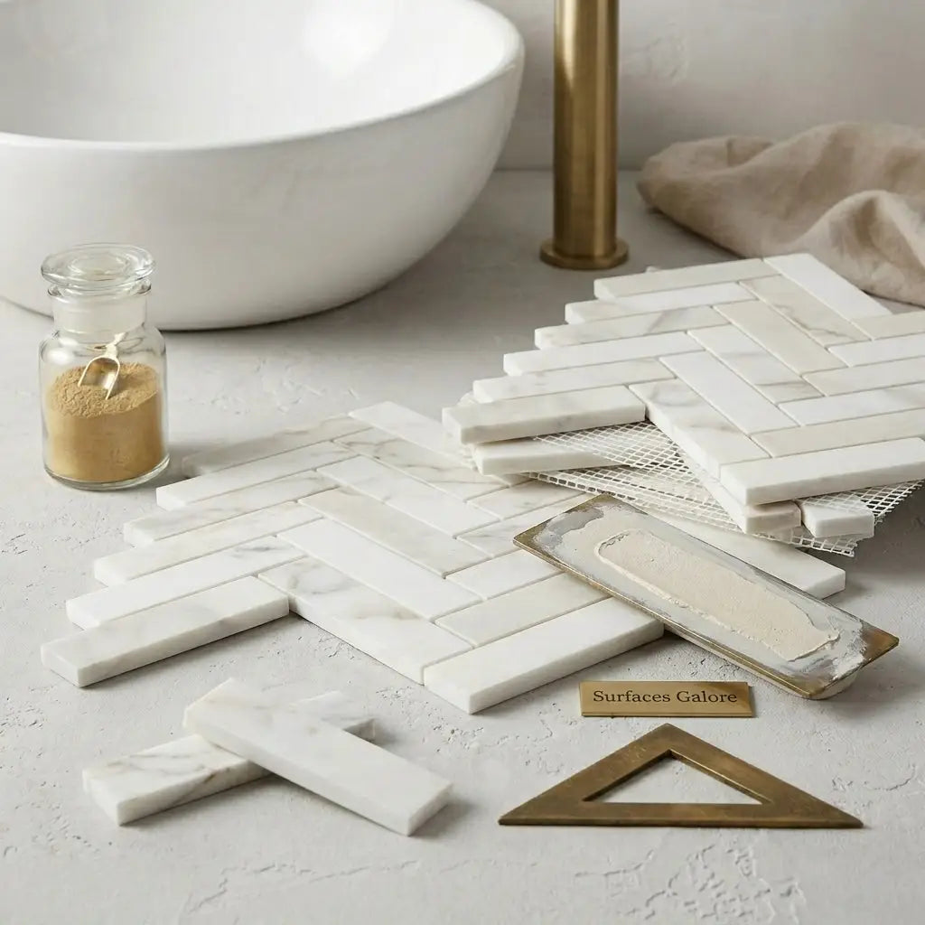 White marble mosaic tiles arranged in a polished calacatta gold 1x4 herringbone pattern for elegant surfaces