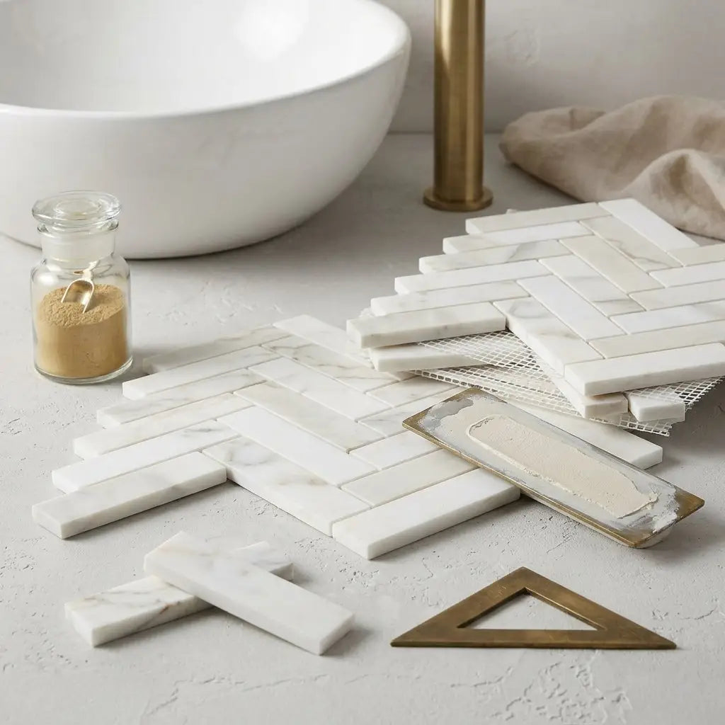 Calacatta gold 1x4 white marble mosaic tile polished herringbone pattern for wall and floor applications
