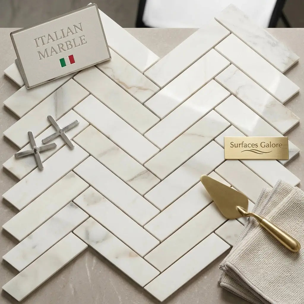 White italian marble calacatta gold 1x4 polished herringbone mosaic tile with subtle veining pattern