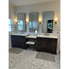 Dark wood double vanity with white marble countertops and three rectangular mirrors featuring calacatta gold 2 inch hexagon mosaic tile