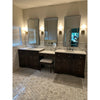 Dark wood bathroom vanity with white marble countertops and three mirrored cabinets above featuring calacatta gold 2 inch hexagon mosaic tile