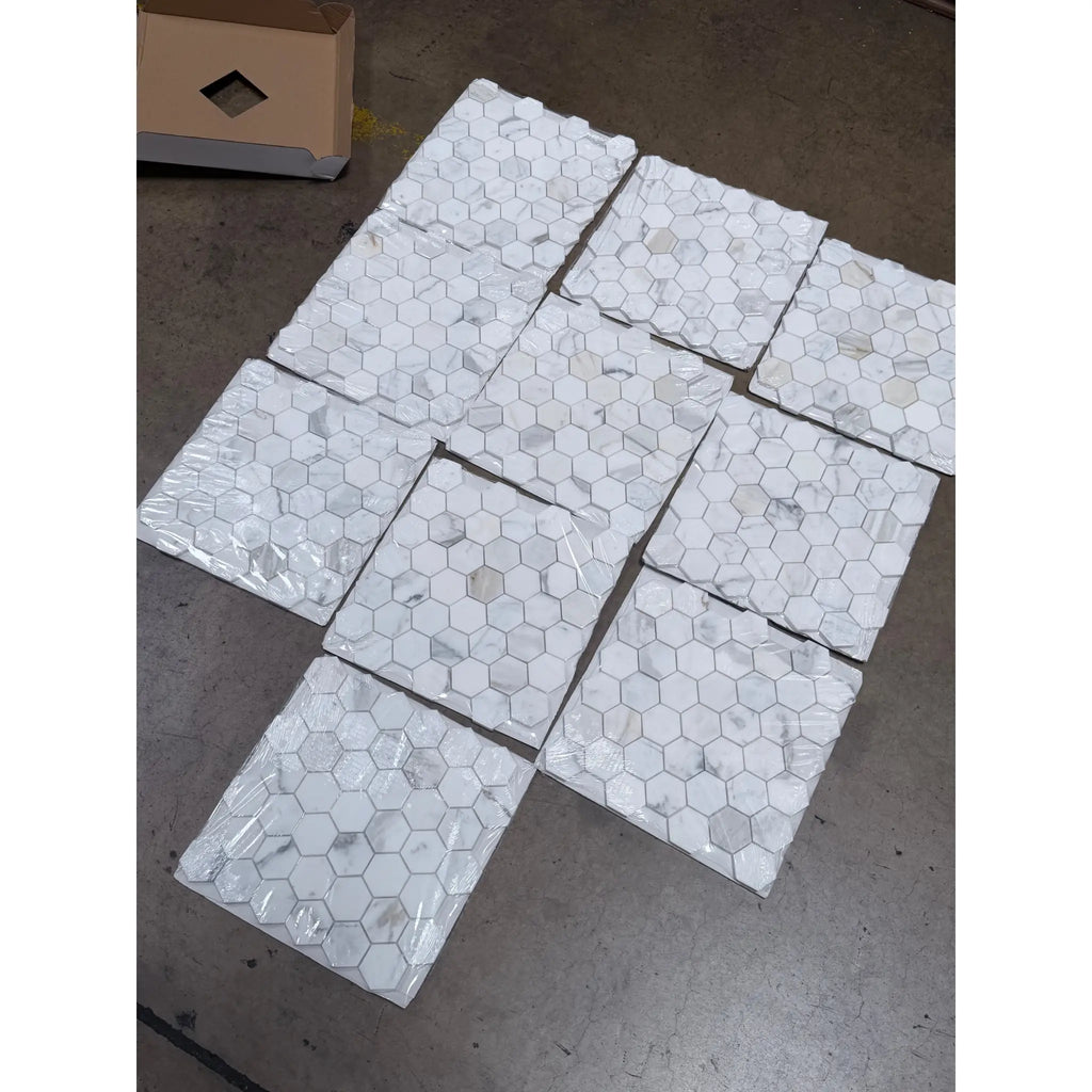 Calacatta gold 2 inch hexagon mosaic white marble tile polished or honed wrapped in clear plastic packaging