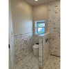Calacatta gold 2 inch hexagon mosaic marble tile polished with white marble subway tile and gray veining lines