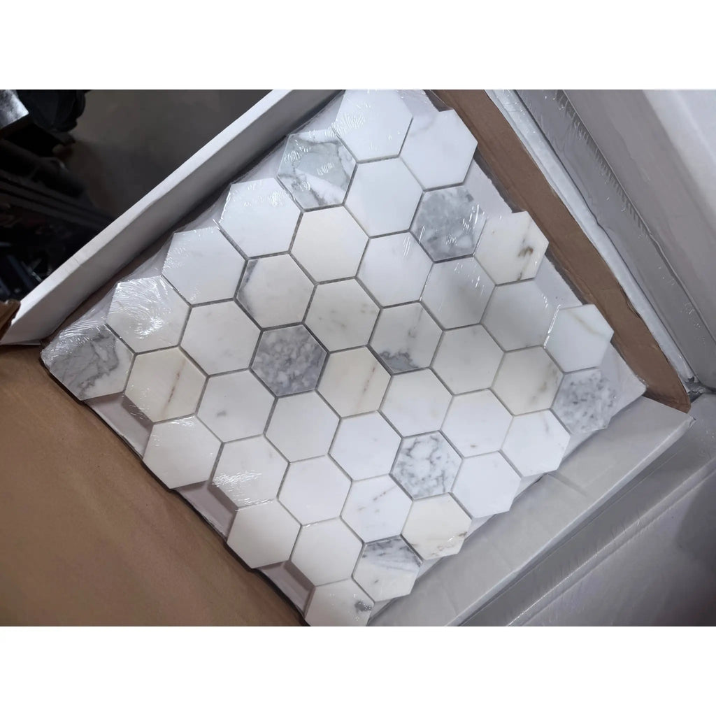 Calacatta Gold 2-inch white hexagon marble mosaic tile with gray veining