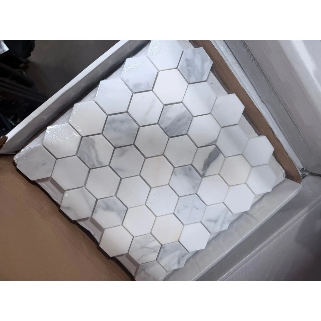 Calacatta Gold 2-inch white hexagon marble mosaic tile with gray veining