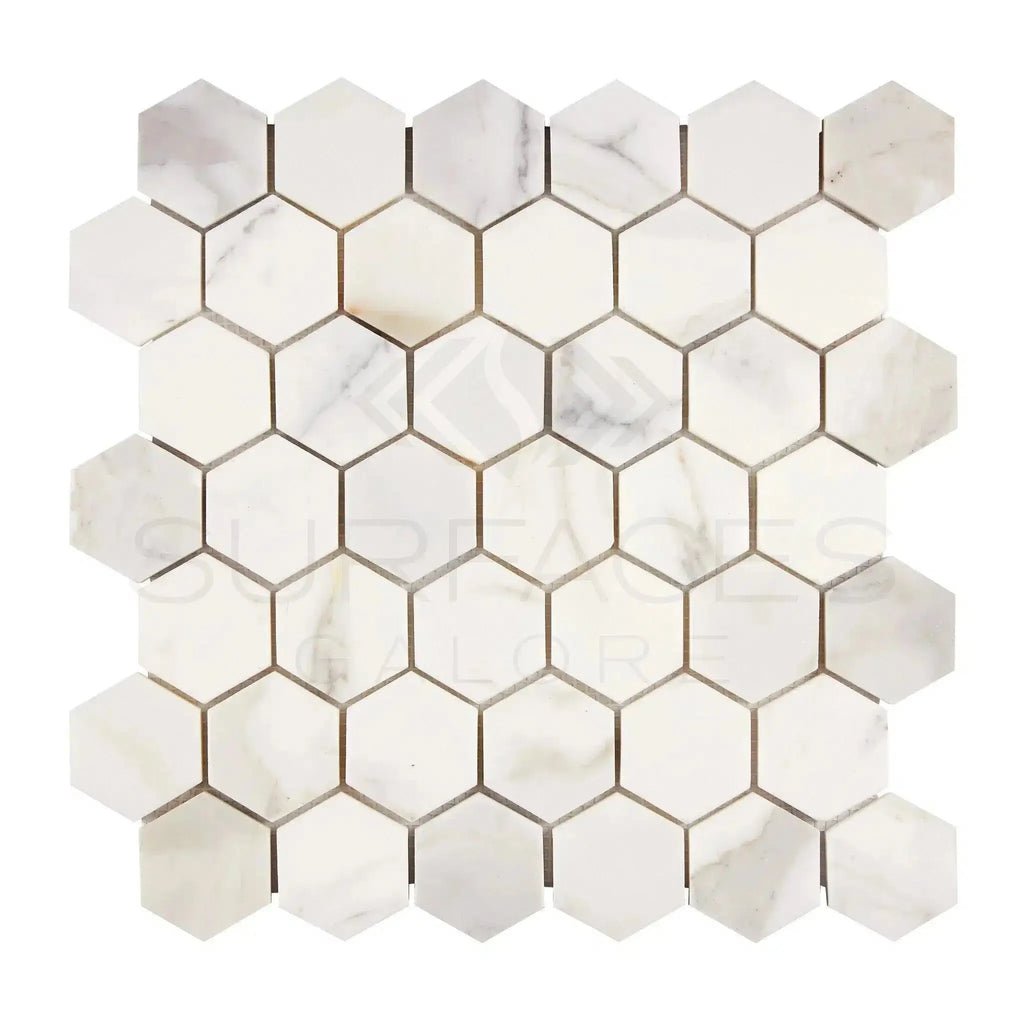 Calacatta Gold 2 Inch Hexagon Mosaic Marble Tile Polished or Honed White Marble