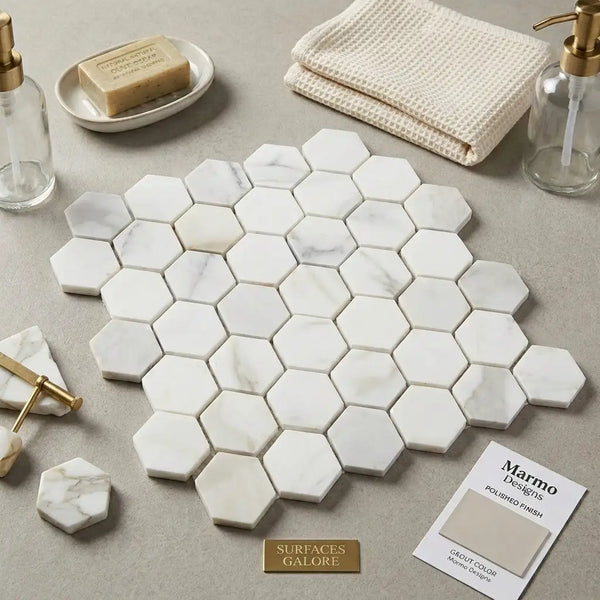 Calacatta Gold 2 inch hexagon mosaic marble tile polished with white hexagonal tiles and subtle gray veining