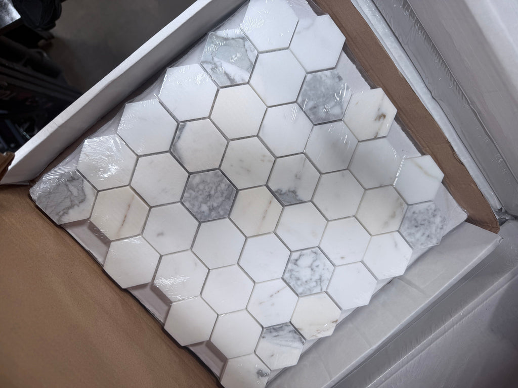Calacatta Gold 2-inch white hexagon marble mosaic tile with gray veining