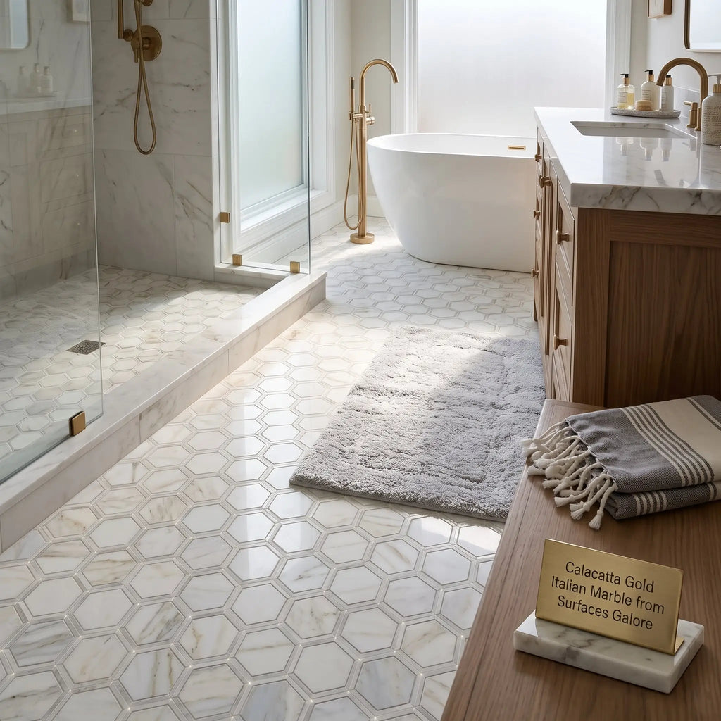 Calacatta gold 2 inch vortex hexagon mosaic marble tile with luxurious white base and subtle gray veining in polished or honed finish